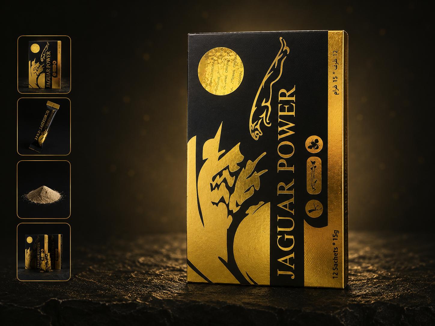Jaguar Power — Caja premium negra y dorada, 12 sachets de 15g
