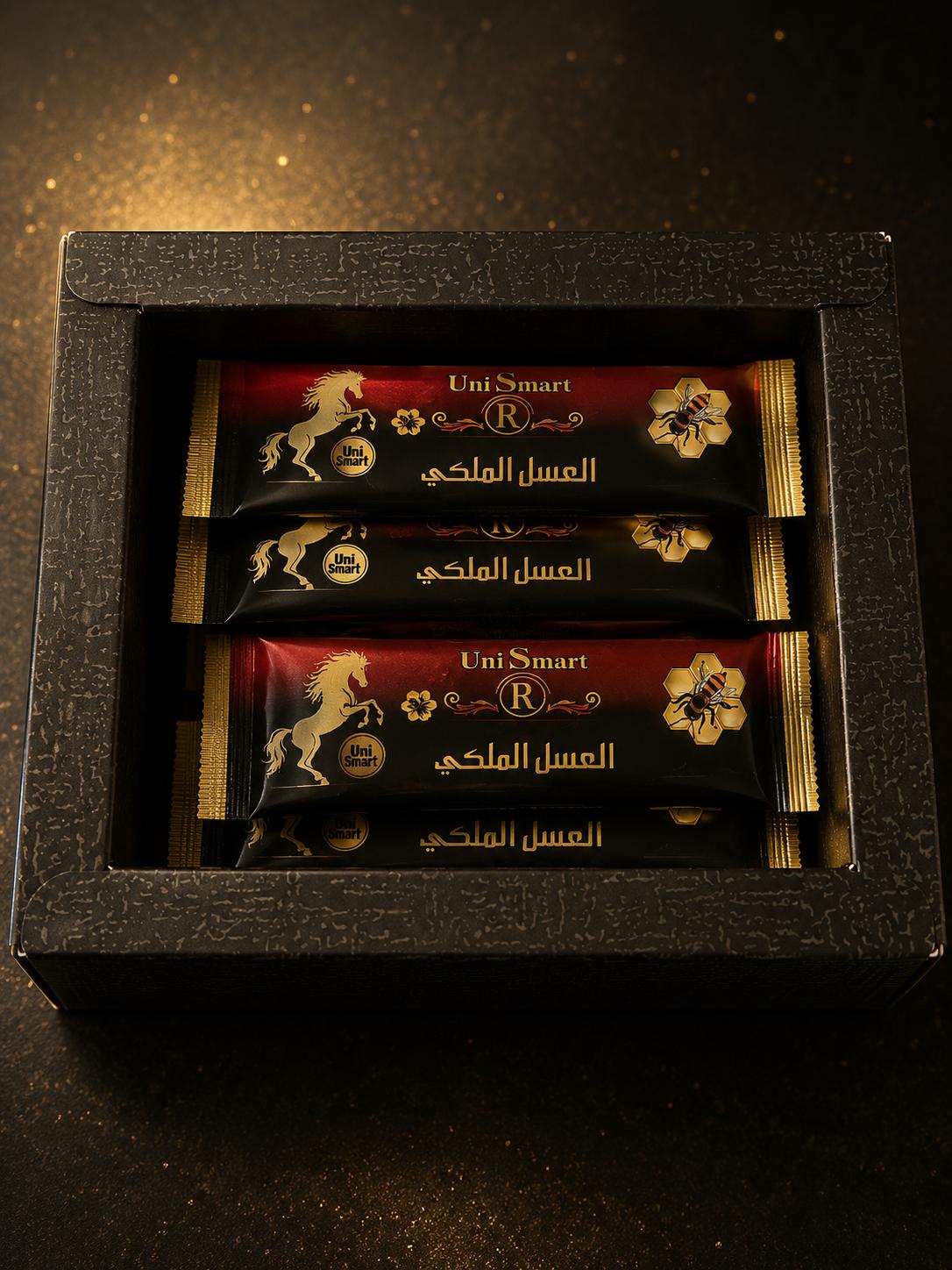 Royal Honey Plus UniSmart — sachets abiertos en caja, miel malaya premium