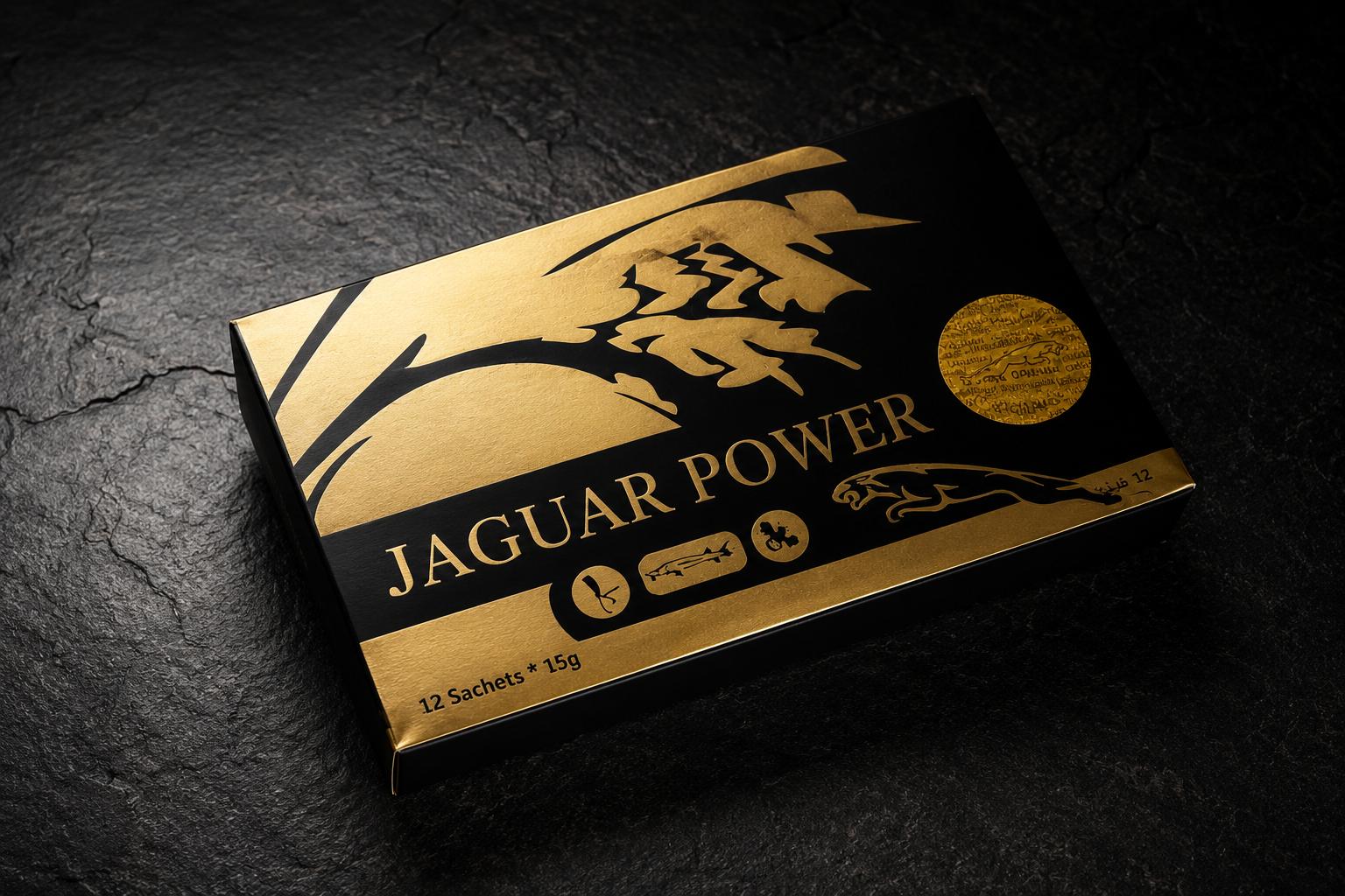 Jaguar Power — Caja dorada premium, 12 sachets de miel afrodisíaca de 15g