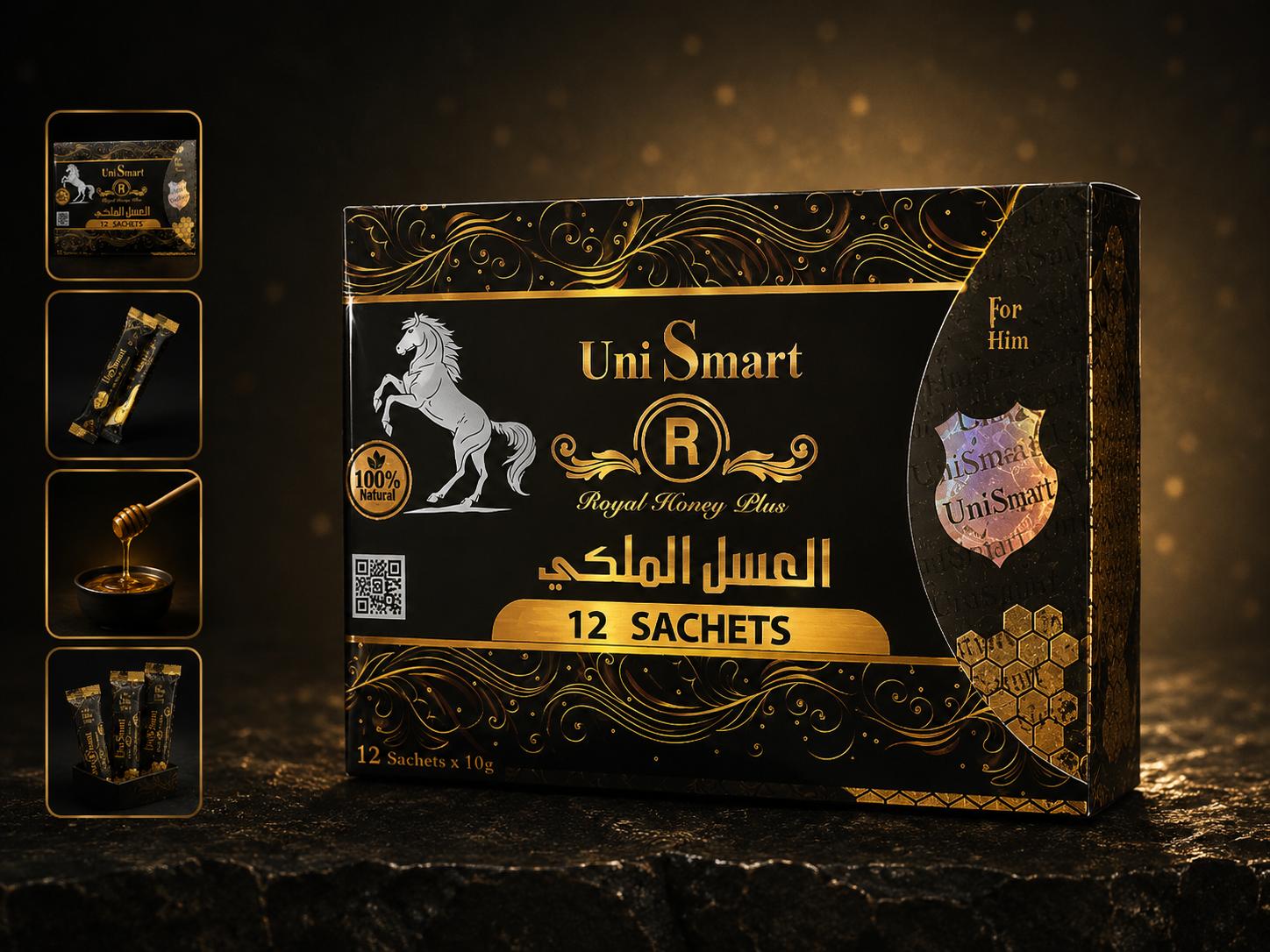 UniSmart Royal Honey Plus — Caja negra y dorada con caballo, 12 sachets de 10g