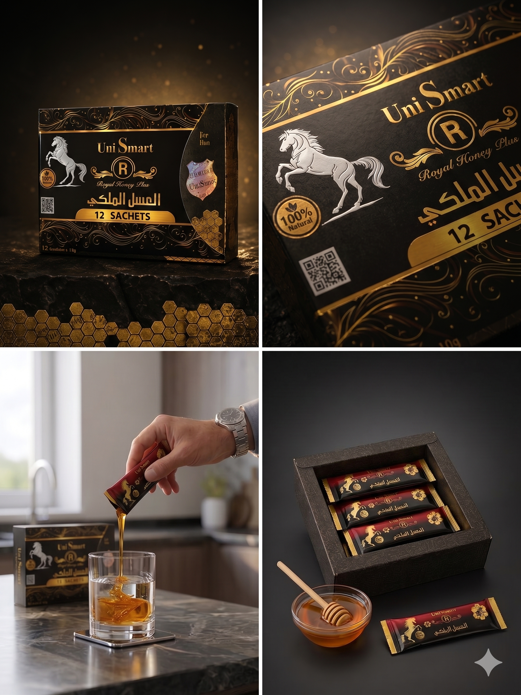 UniSmart Royal Honey Plus — collage producto, sachets y caja de 12 unidades